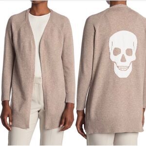 Sweet Romeo Skull Back Open Long Sleeve Cardigan‎ Sweater, Tan/White, Medium